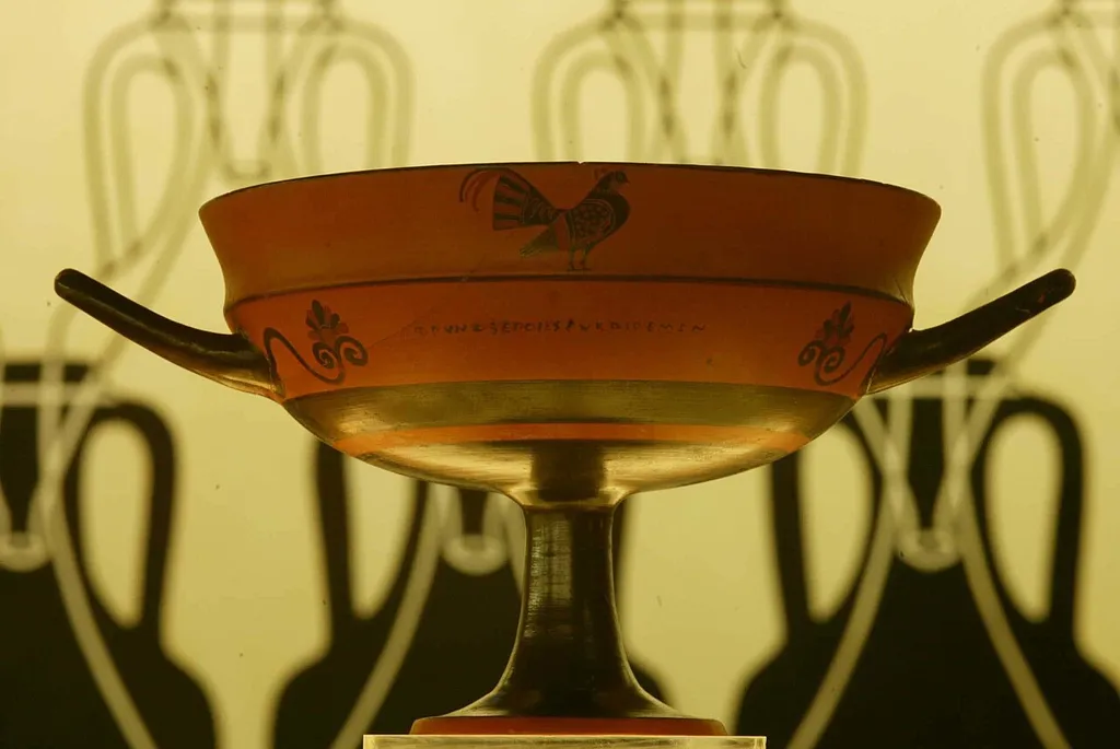 Attic black-figure kylix. Author: Phrynos Painter; about 560/550 BC; Museo del vino Torgiano