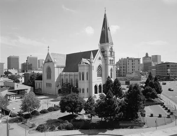 The former St. Francis de Sales Cathedral in Oakland, California. It served as the cathedral of the Catholic Diocese of Oakland from 1962 until it was damaged in the 1989 Loma Prieta earthquake. It was torn down in 1993.