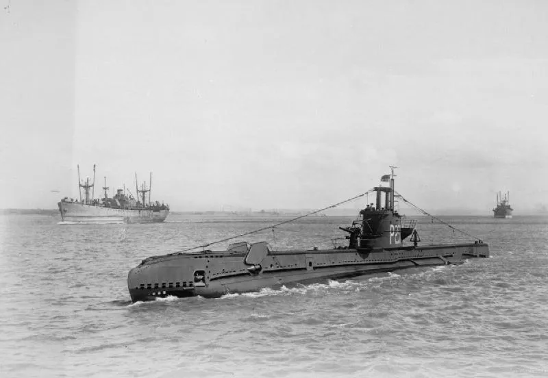 British S class submarine HMSM STOIC underway on completion at Liverpool.