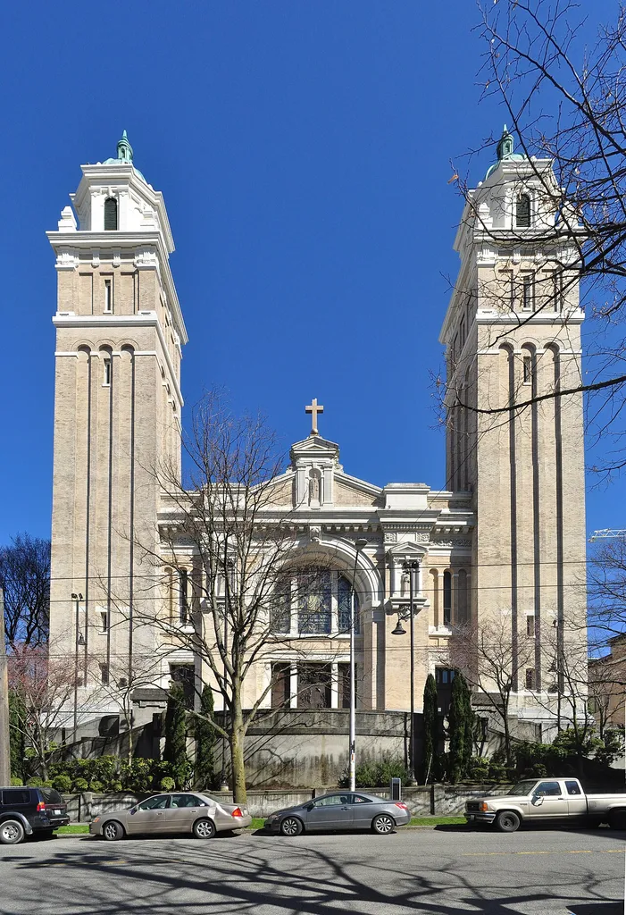 St. James Roman Catholic Cathedral, First Hill, Seattle, Washington, U.S., seen from the across 9th Avenue. This is a panoramic image, created from three photographs (vertically). Five further photographs were introduced to create File:Seattle - Saint James Cathedral pano 02.jpg.