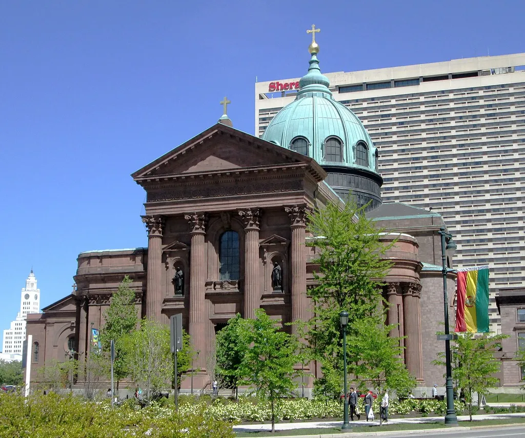 The Cathedral Basilica of Saints Peter and Paul, head church of the Roman Catholic Archdiocese of Philadelphia, is located at 18th Street and the Benjamin Franklin Parkway, on the east side of Logan Circle in Philadelphia, Pennsylvania. It was built from 1846-1864 and was designed by Napoleon LeBrun – from original plans by Reverends Mariano Muller and John B. Tornatore – with the dome and Palladian facade designed by John Notman and Rev. John T. Mahoney added after 1850.[2] The interior was largely decorated by Constantino Brumidi. The cathedral is the largest Catholic church in Pennsylvania, and was listed on the U.S. National Register of Historic Places in 1971. (Source: Philadelphia Architecture: A Guide to the City (2nd ed.)