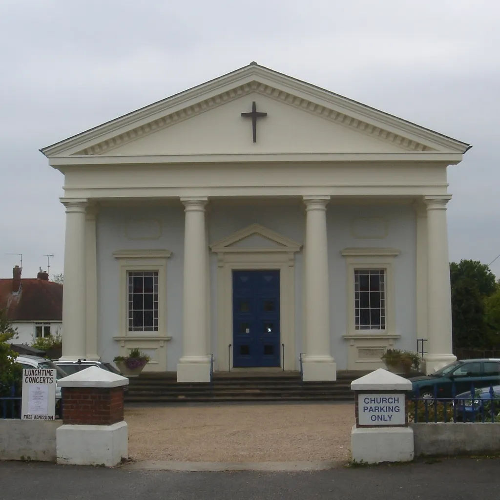 West portico of All Saints United Reformed Church, Junction Road, Burgess Hill, West Sussex, England