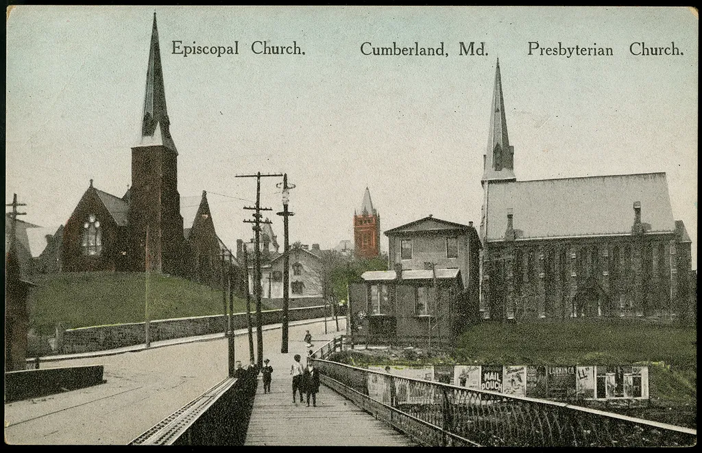 Presbyterian church in Cumberland, Maryland from a pre-1923 postcard From RG 428, Postcard Collection, Presbyterian Historical Society, Philadelphia, Pennsylvania.