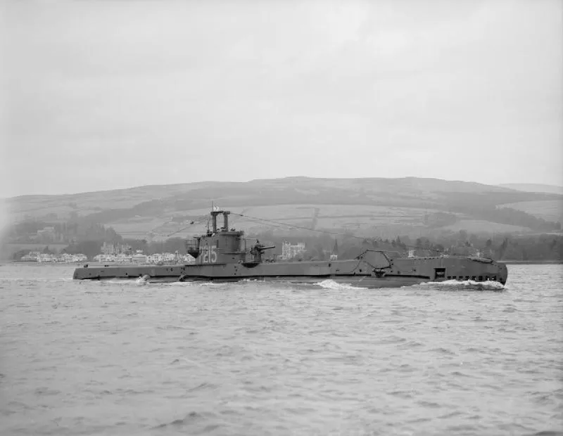 British S class submarine HMSM SCEPTRE underway on completion.