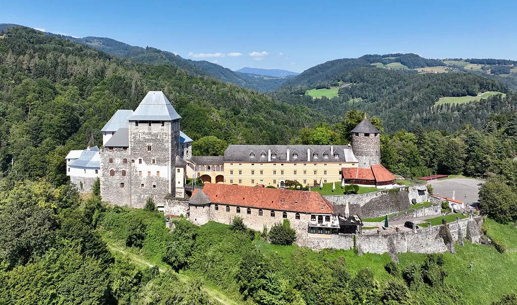 Southeast view of Deutschlandsberg Castle in Austria. Since 1932 the fortress has been owned by the municipality of Deutschlandsberg, and step by step it has been transformed into a significant exhibition center.