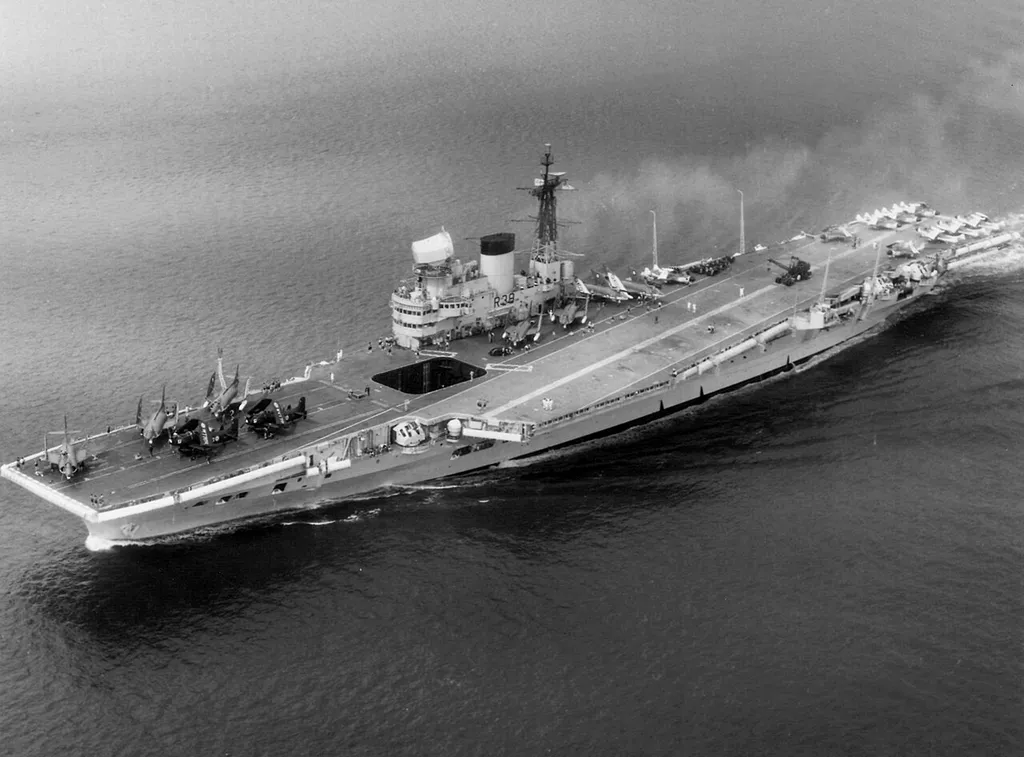 Aerial view of the Royal Navy aircraft carrier HMS Victorious (R38), taken circa 1958-1960, when the Royal Navy operated the Douglas Skyraider AEW.1.