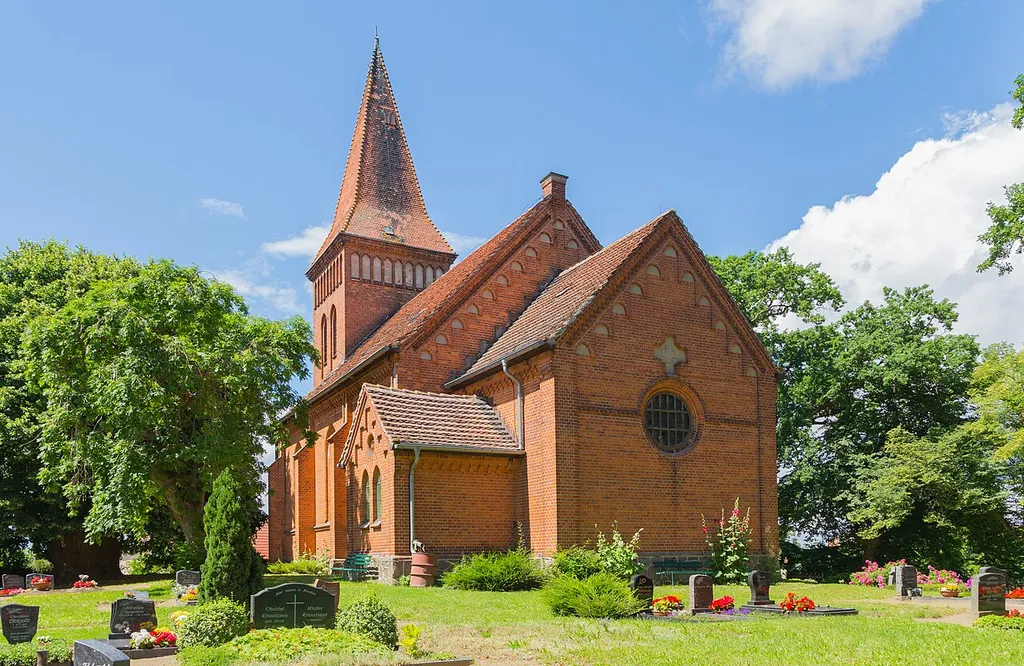 The Protestant St John's Church in Langhagen, district of Lalendorf, Landkreis Rostock, Mecklenburg-Western Pomerania, Germany. The church is a listed cultural heritage monument.