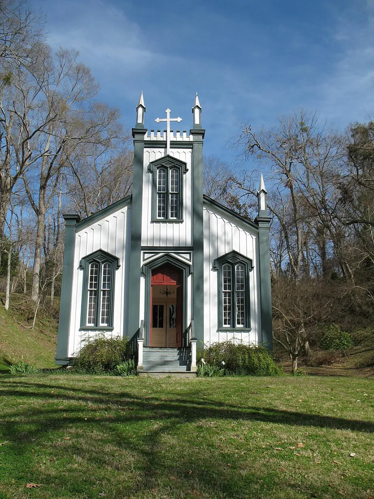 Confederate Memorial Chapel, formerly Rodney Sacred Heart Catholic Church built in 1869. The building was donated to the state of Mississippi by the Rodney Foundation and moved to its current site in Grand Gulf Military State Park in 1983.