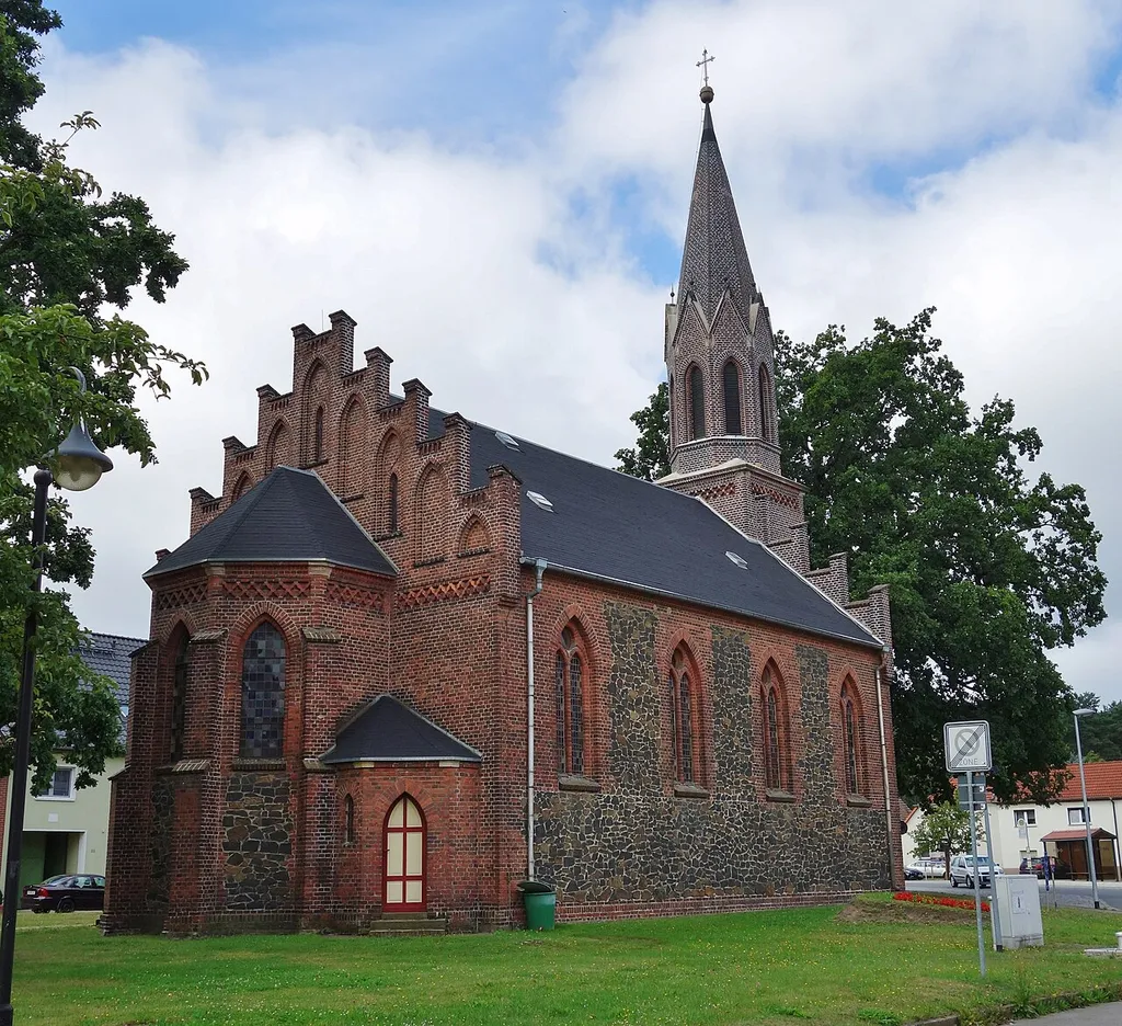 North-eastern view of church in Großkoschen, Senftenberg municipality, Oberspreewald-Lausitz district, Brandenburg state, Germany.