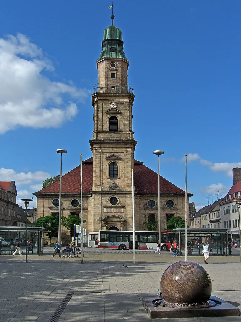 The „Hugenotten-Kirche“ (Huguenots church) at the Hugenottenplatz in Erlangen, Germany.