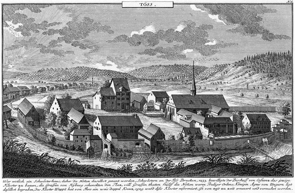 Das Amtshaus «Kloster Töss» der Stadt Zürich. Stich von David Herrliberger, ca. 1740. Erschienen in Vorstellung Loblichen Standts Zürich So genante Ausere Amtheusser, Blatt 6, 1741