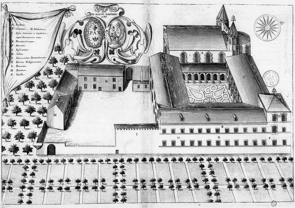 Planche gravée du 17ème siècle représentant l'abbaye Saint-Pierre du Mas-Garnier, en France, dans le livre Monasticon Gallicanum.
