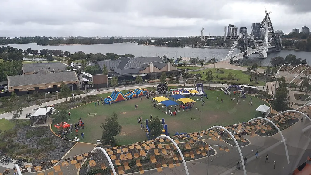 Perth, Western Australia: Matagarup Bridge‎ and Stadium Park with The Camfield. The picture is taken from the top level of the stadium during half time of the inaugural AFLW Western Derby.