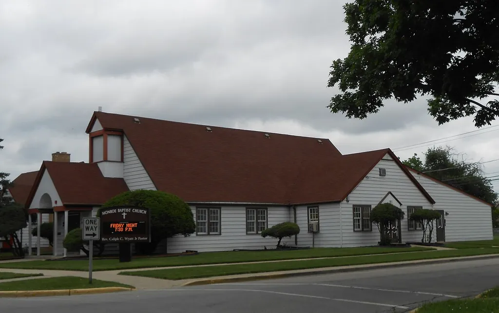 The original building used by Elmhurst Christian Reformed Church in Bellwood, Illinois. It was used from 1949, when it was first organized as a congregation of the Christian Reformed Church in North America, until 1964, when it moved to southern Elmhurst, Illinois. The building is now Monroe Baptist Church.