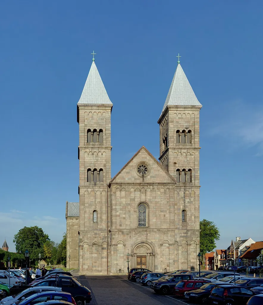 Viborg Cathedral as viewed while standing on the stairs of the main entrance to Latinerskolen.