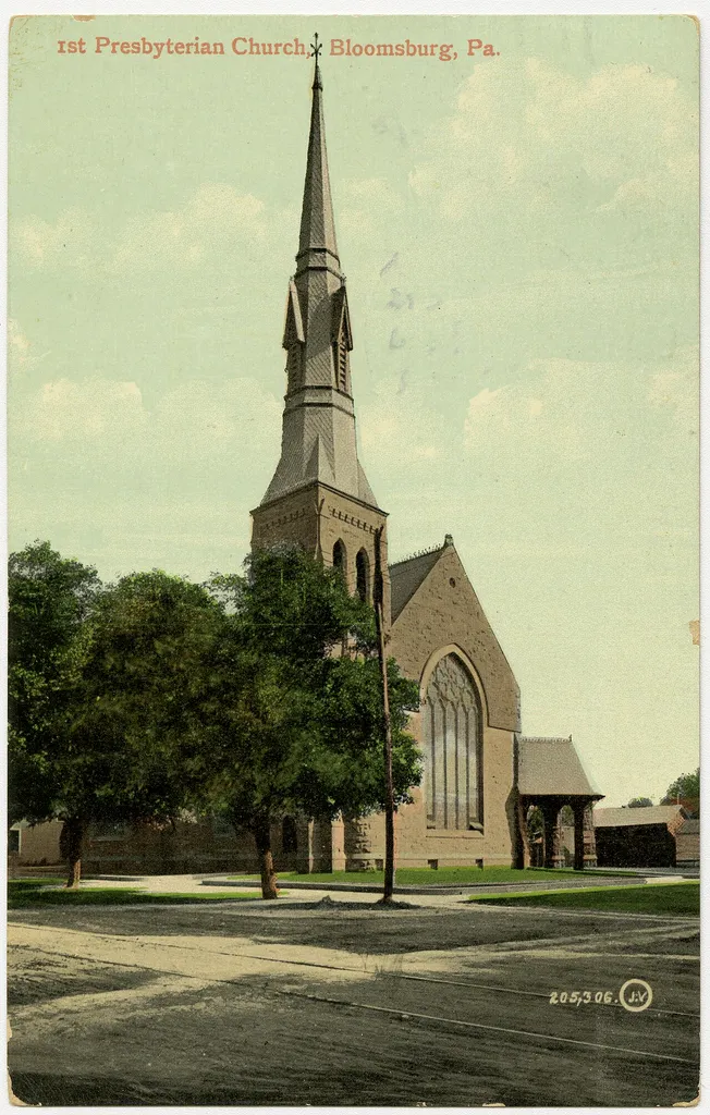 First Presbyterian Church in Bloomsburg, Pennsylvania from a pre-1923 postcard. From RG 428, Postcard Collection, Presbyterian Historical Society, Philadelphia, Pennsylvania.
