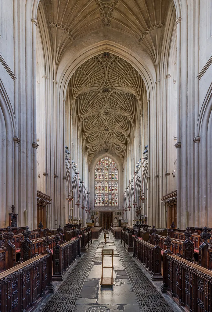Bath Abbey's nave, viewed from the east looking west.
