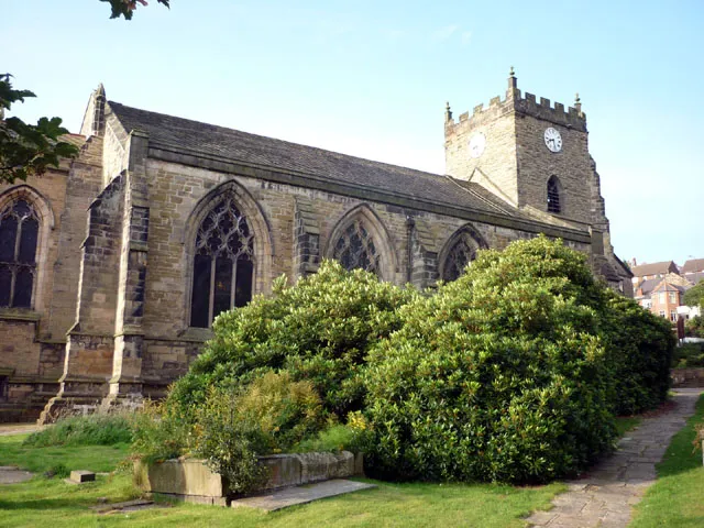 Nave and west tower of St Thomas the Martyr's parish church, Up Holland, Lancashire, England, seen from the northeast