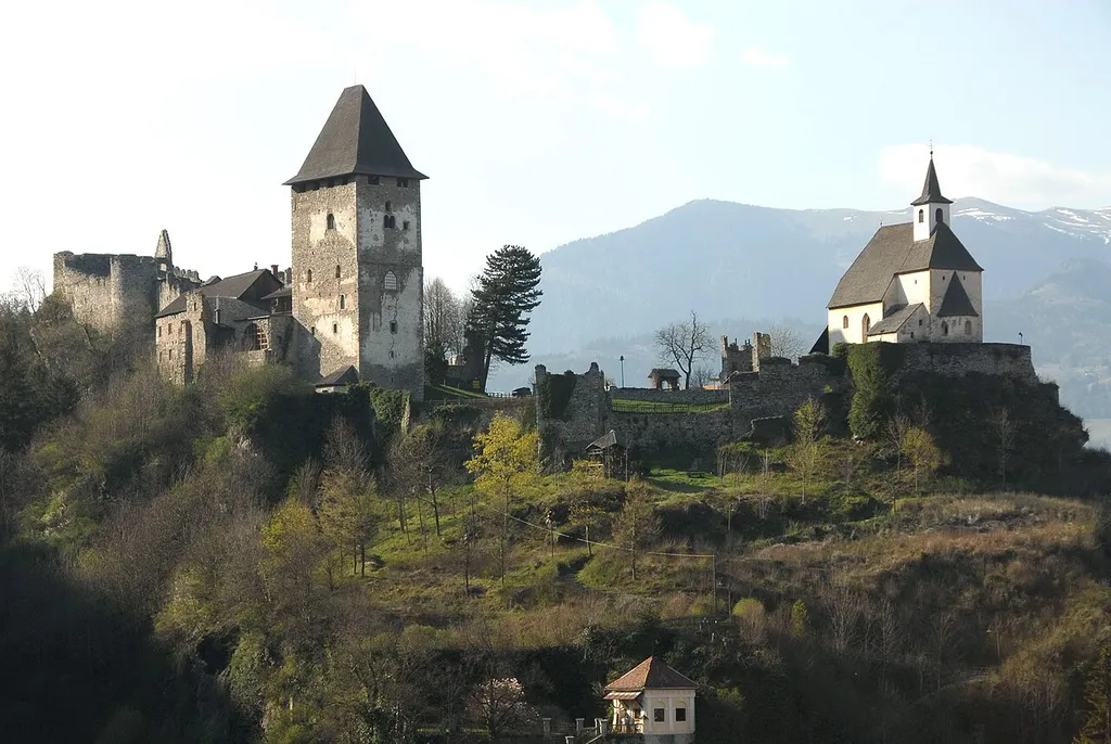 Castle ruin Petersberg (Peter´s mountain) with the 28 m high keep (sheltering the city museum) and Peter´s church, municipality Friesach, district Sankt Veit, Carinthia, Austria, EU