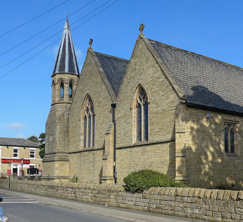 West end of St Saviour's parish church, Huddersfield Road, Ravensthorpe, West Yorkshire, seen from the south from Church Street