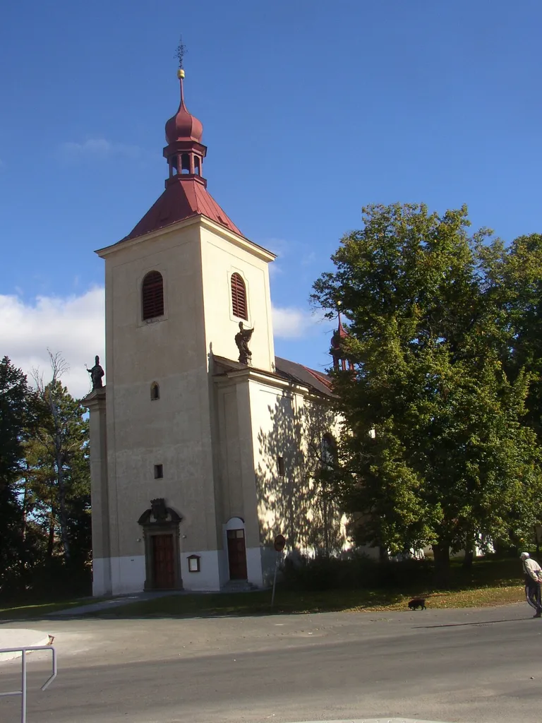 Bohušovice nad Ohří, Litoměřice District, Czech Republic. SS Procopius and Nicholas church in northern side of Hus Square.