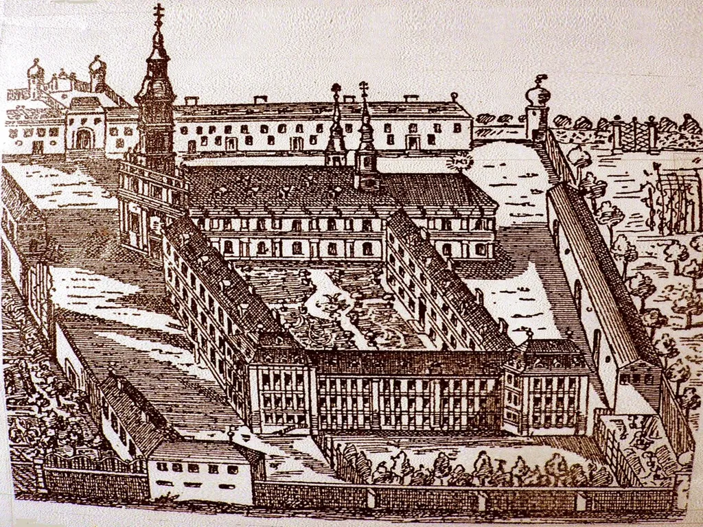 Alte Darstellung des Klosters Obertheres am Main noch mit Abteikirche (abgerissen). Im Vordergrund Marienkapelle