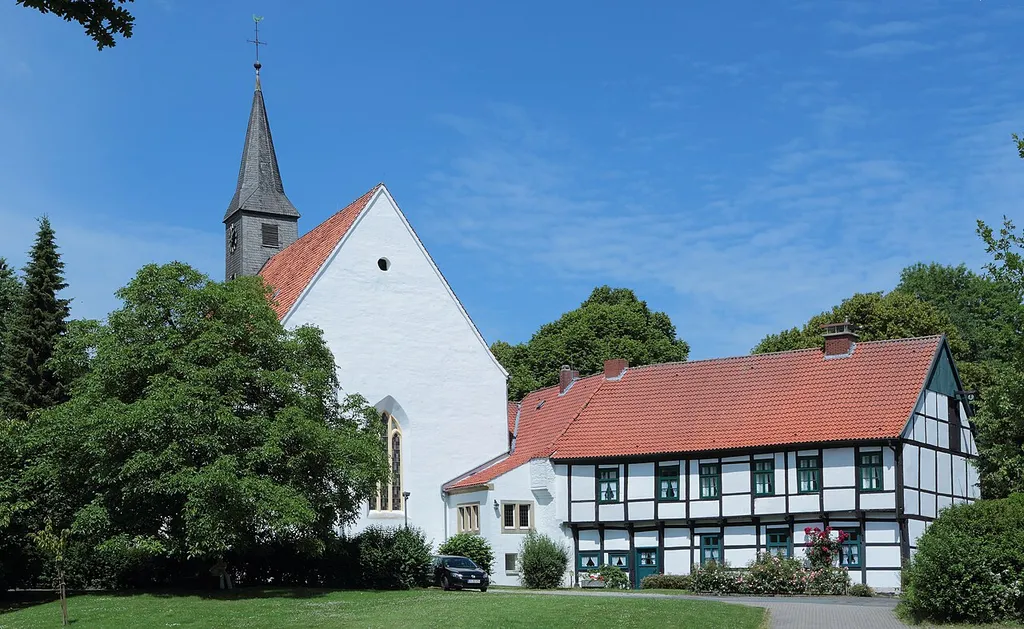 The Protestant Stiftskirche and the Stiftshof in Tecklenburg-Leeden, Kreis Steinfurt, North Rhine-Westphalia, Germany.