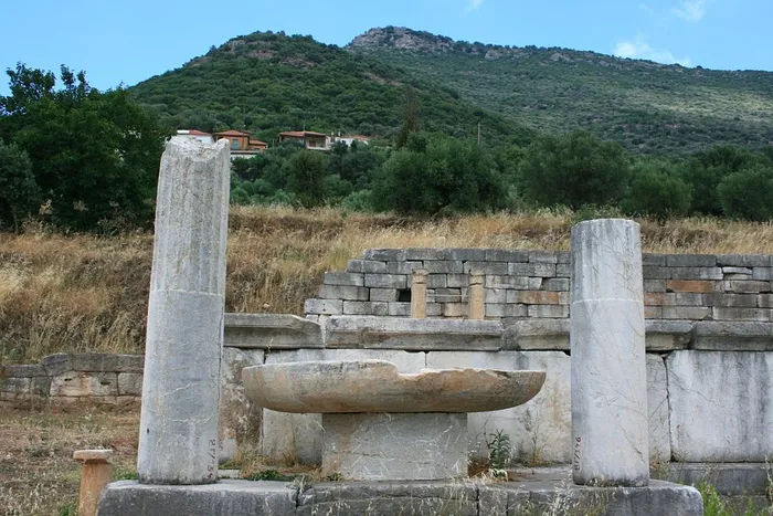 View from the ancient Messene up to the village Mavromati, to the mountain Eua, in front of the mountain Ithome (Voulknou, Βουλκάνου) in the background