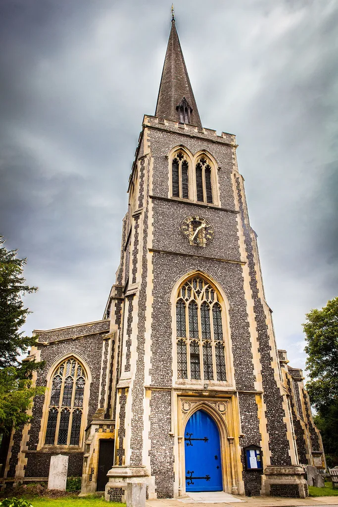 West front of St Mary's parish church, Wimbledon, London, seen from the west