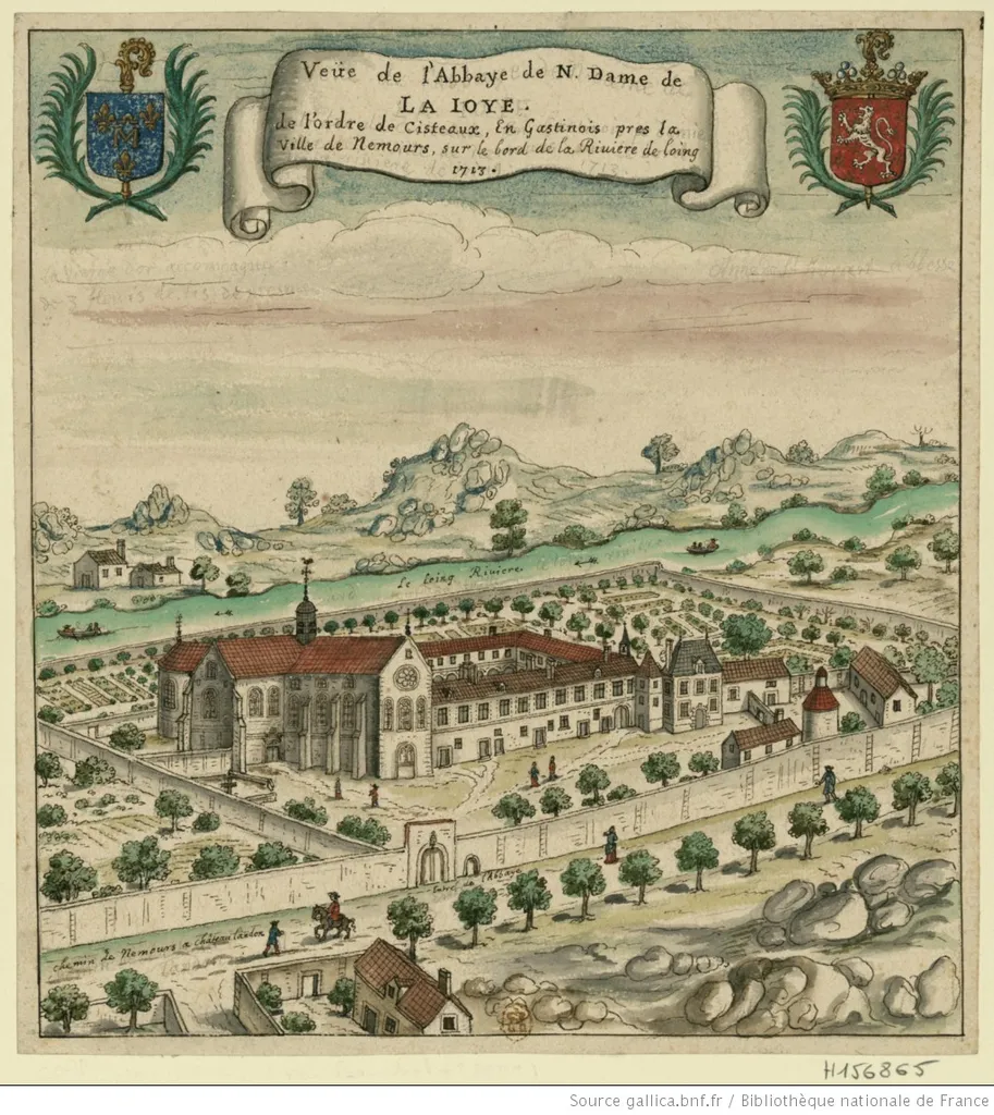 Veüe de l'Abbaye de N. Dame de la Ioye, de l'ordre de Cisteaux, En Gastinois pres la ville de Nemours, sur le bord de la rivière de loing // 1713 : [dessin] / [Louis Boudan]