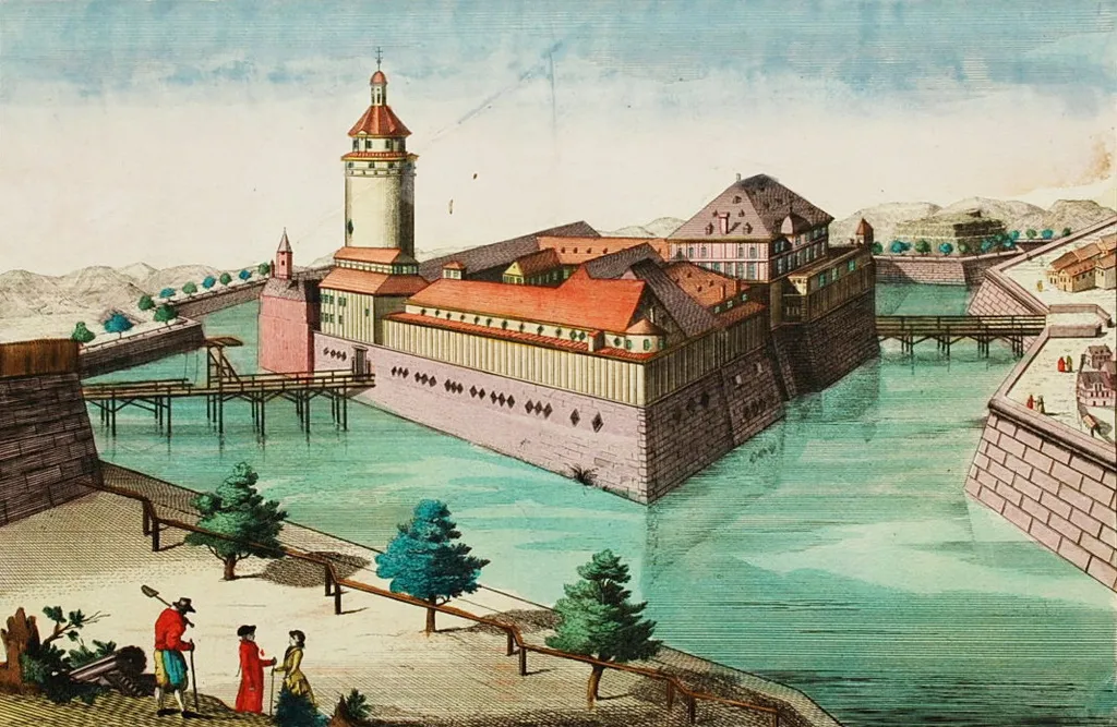 Hauer, Daniel Adam: Das Schloß oder Castell zu Leipzig, die Pleißenburg genannt (um 1780). Kupferstich (29 x 40,3 cm Plattenrand), Guckkastenblatt - deshalb seitenverkehrt!. Druck auf stellenweise knittrigem Bütten, die Farben frisch, altkoloriert. Gestochen von Daniel Adam Hauer nach einer Vorlage von Samuel Blättner. Blättner: Sächsische Malerfamilie. Samuel Blättner (1704 -1762) lernte in der Schweiz (Schüler von Joh. Rud. Daellikers), ging dann nach Dresden, später nach Leipzig und schließlich nach Altenburg, wo er Hofmaler wurde. Er war Historienmaler und hat sich auch mit Architektur beschäftigt (THIEME-BECKER Bd. 4, S. 82). - Daniel Adam Hauer, Schrift-, Landkarten- und Kupferstecher in Nürnberg (geb. 1734; lebte noch 1789; THIEME-BECKER Bd. 16, S. 126).