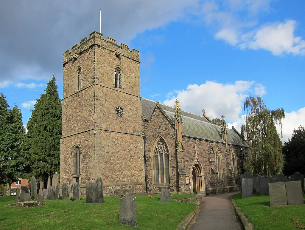 St Mary's Church, Anstey, Leicester, view from near churchyard entrance on south-west.