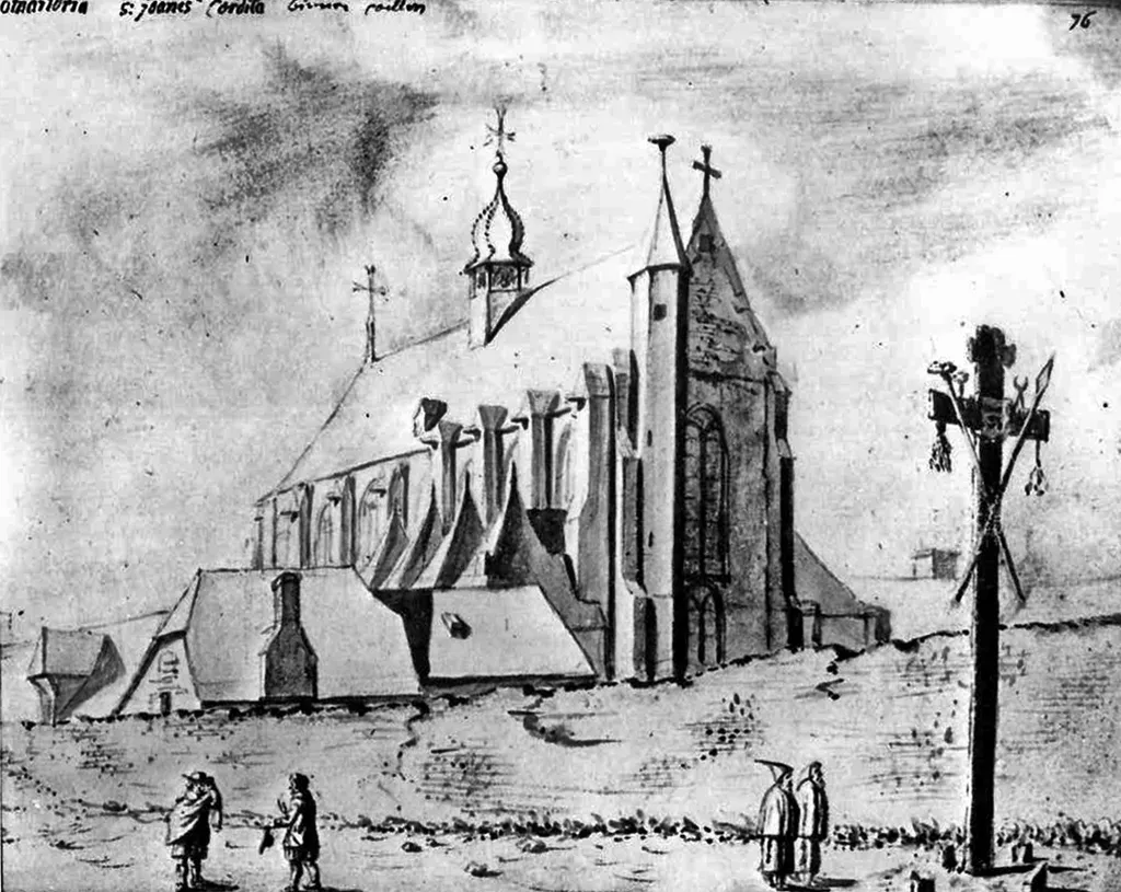 St. Johann und Cordula, Köln. Justus Finkenbaum um 1665 aus nordwestlicher Sicht gezeichnet. Das Blatt hat den Titel „s. joanes e cordila binnen coellen“