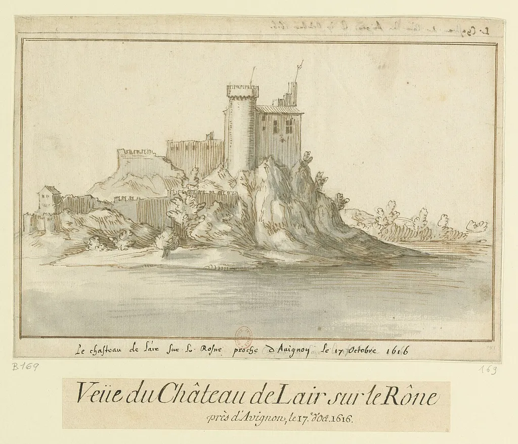 Château de l'Hers on the left bank of the Rhône within the commune of Châteauneuf-du-Pape. The castle is viewed from the southeast. Although a castle on the rocky outcrop existed by the 10th century, the surviving ruins date from no earlier than the 12th century while the round tower dates from the end of the 14th or the beginning of the 15th century.