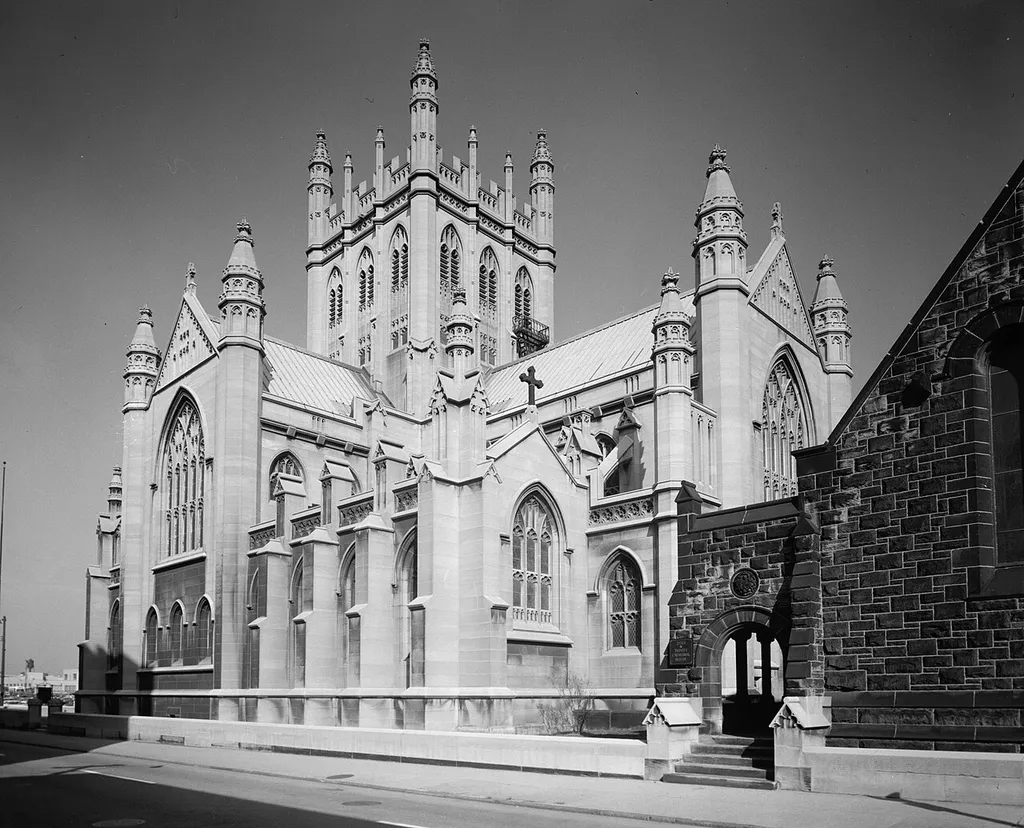 Side and rear of Trinity Episcopal Cathedral, located at the intersection of Euclid Avenue and E. 22nd Street in Cleveland, Ohio, United States. Built in 1901, it is listed on the National Register of Historic Places.